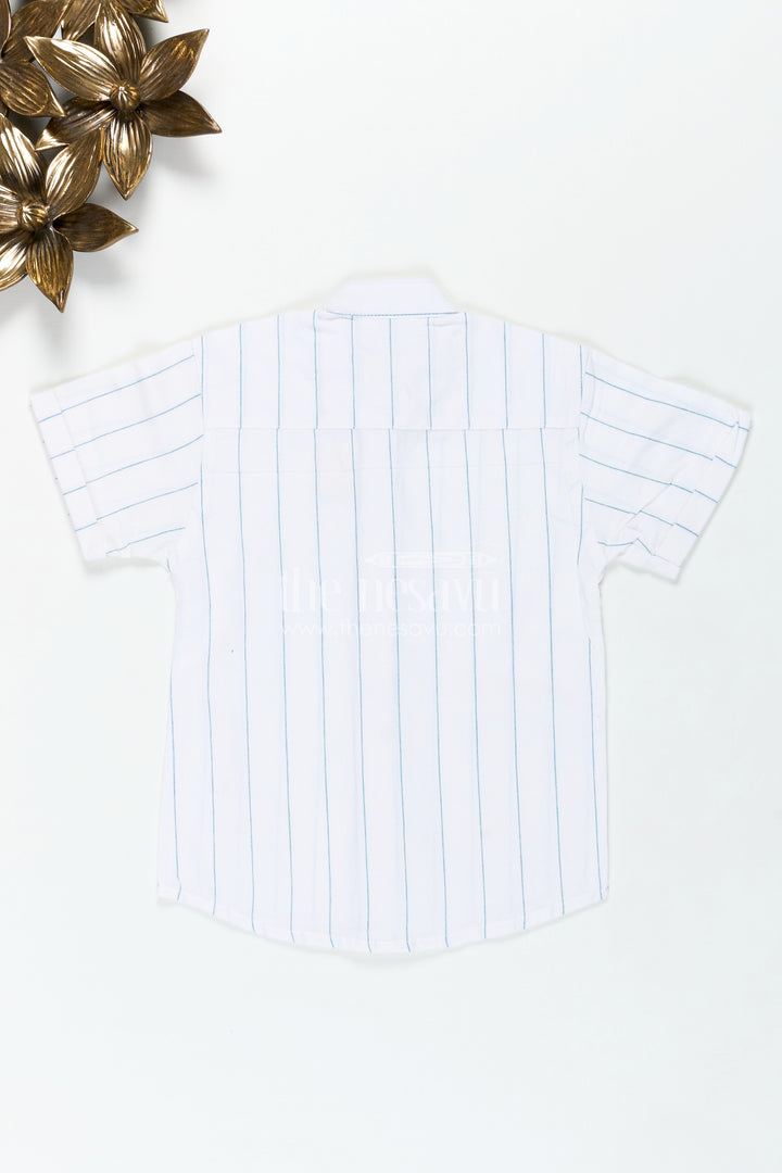 White Striped Shirt for Boys in Cotton with Blue Vertical Lines and Mandarin Collar Finish