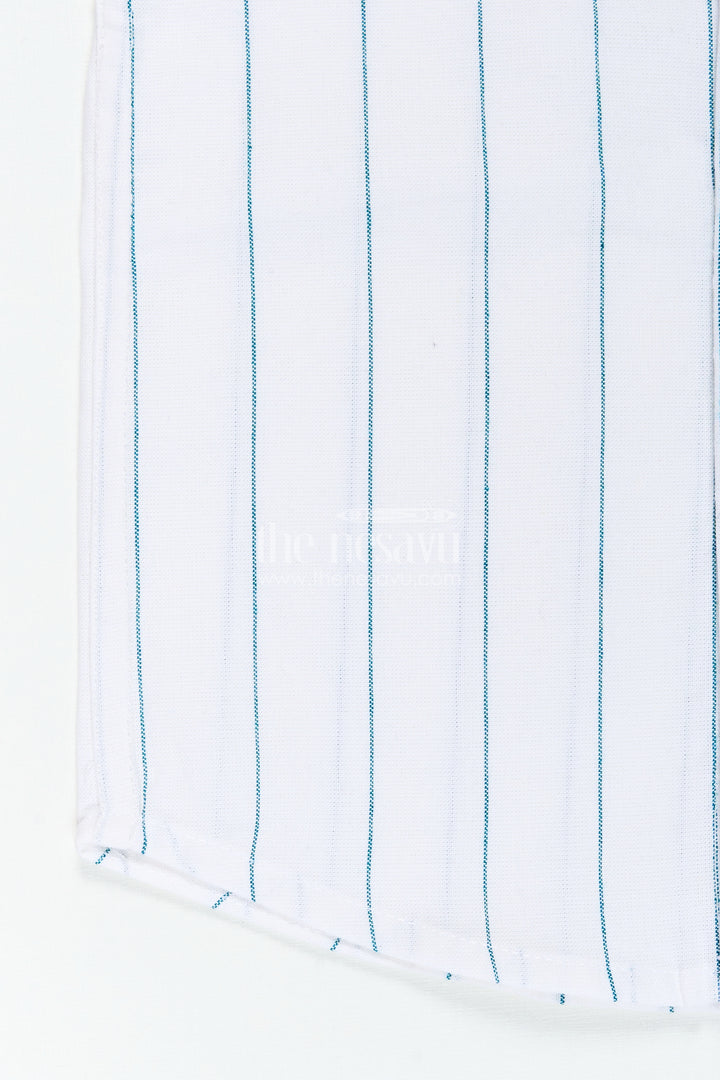 White Striped Shirt for Boys in Cotton with Blue Vertical Lines and Mandarin Collar Finish