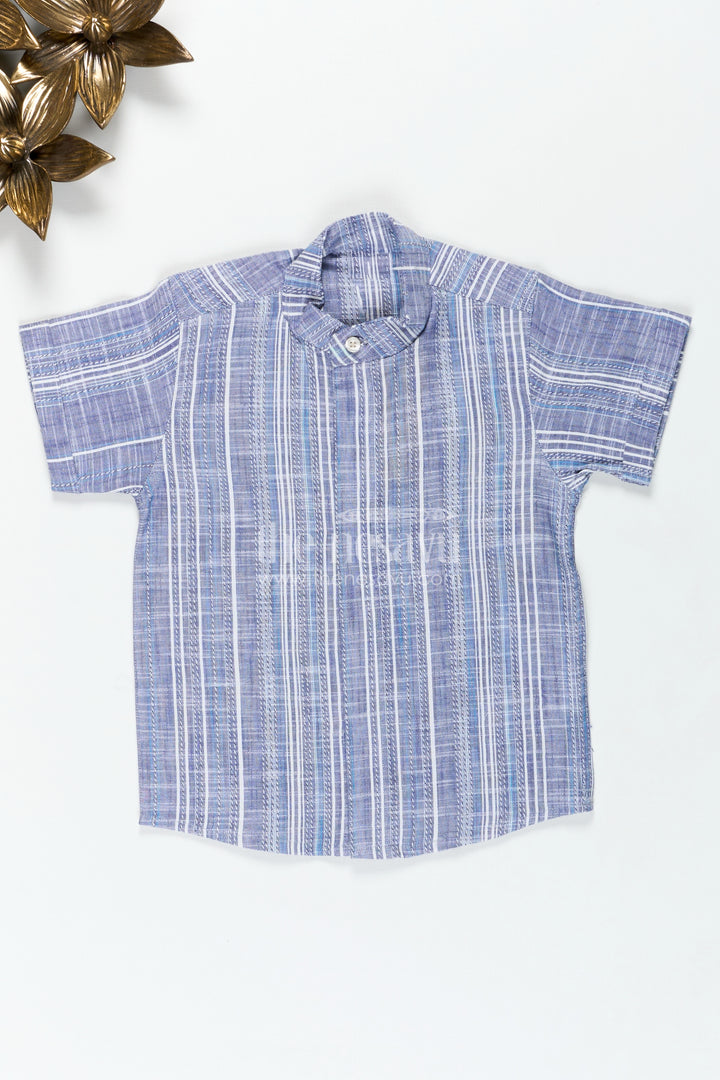 Checked Cotton Shirt in Indigo Blue for Boys with Textured Vertical Weave and Smart Collar Design