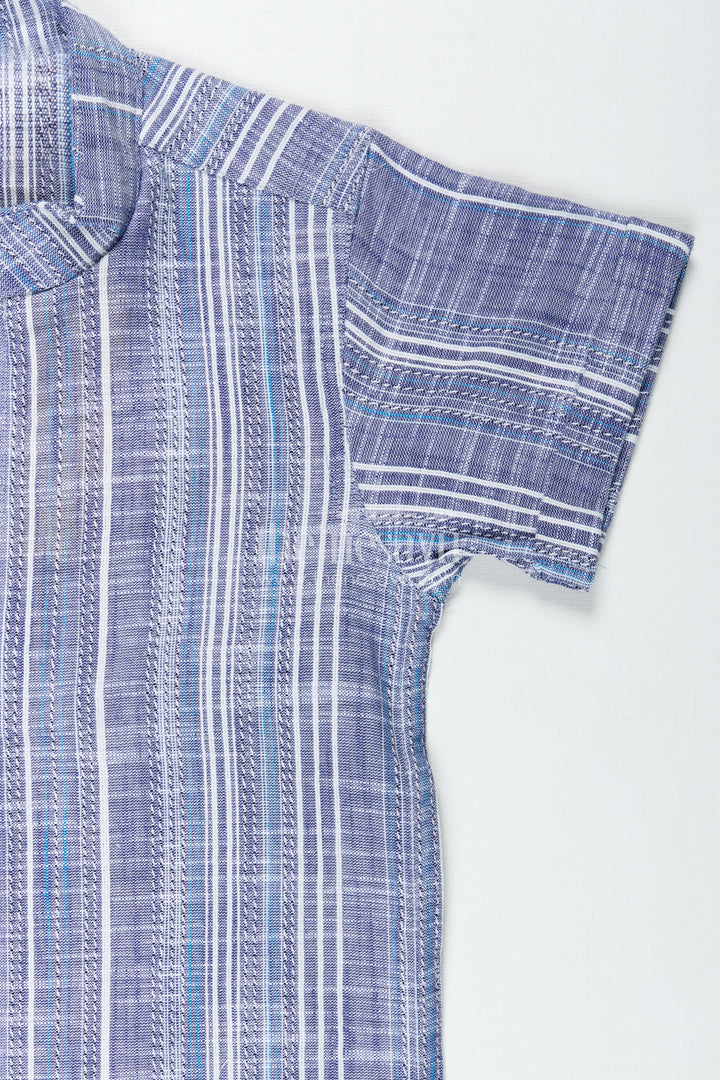 Checked Cotton Shirt in Indigo Blue for Boys with Textured Vertical Weave and Smart Collar Design