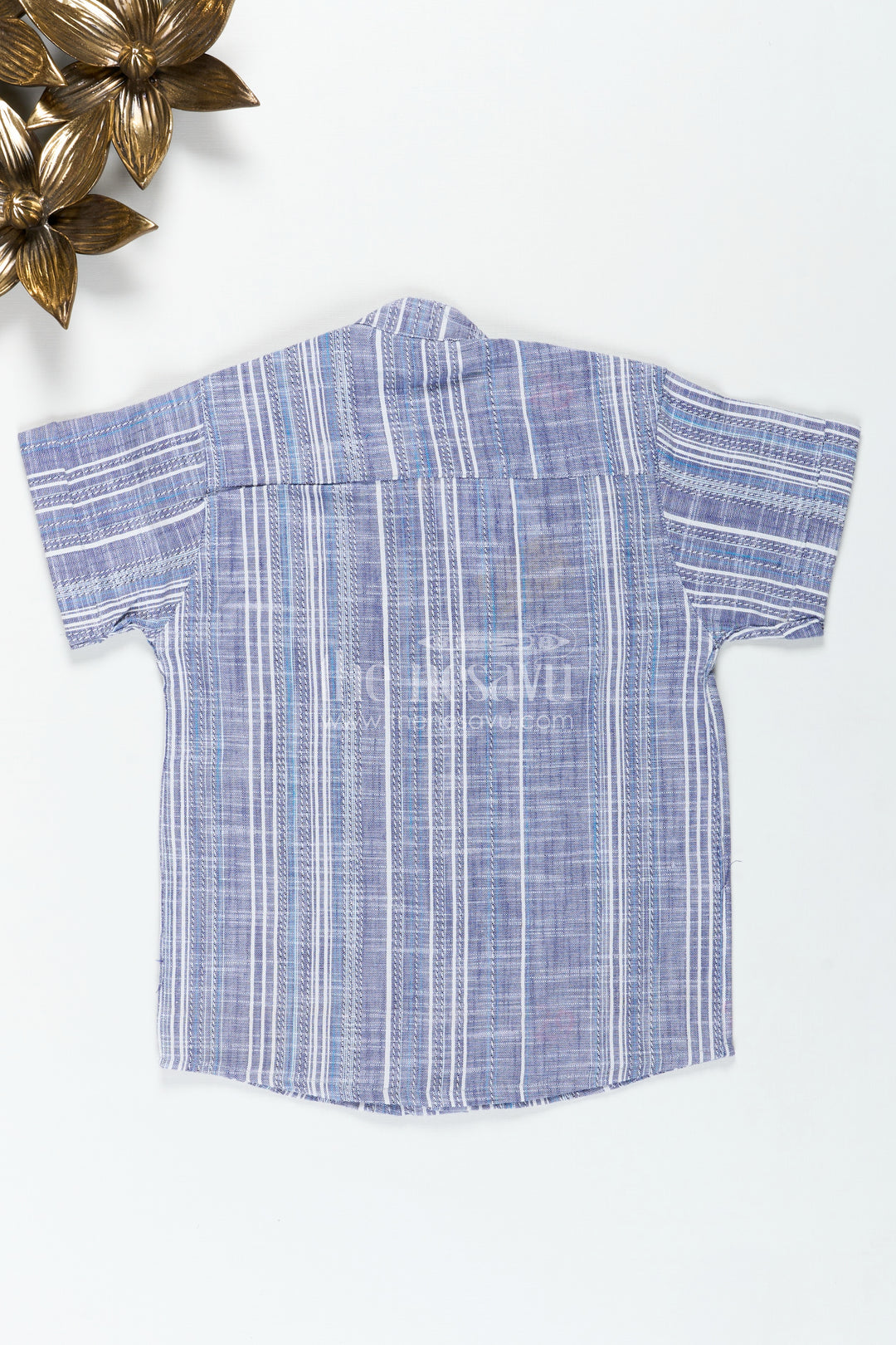 Checked Cotton Shirt in Indigo Blue for Boys with Textured Vertical Weave and Smart Collar Design
