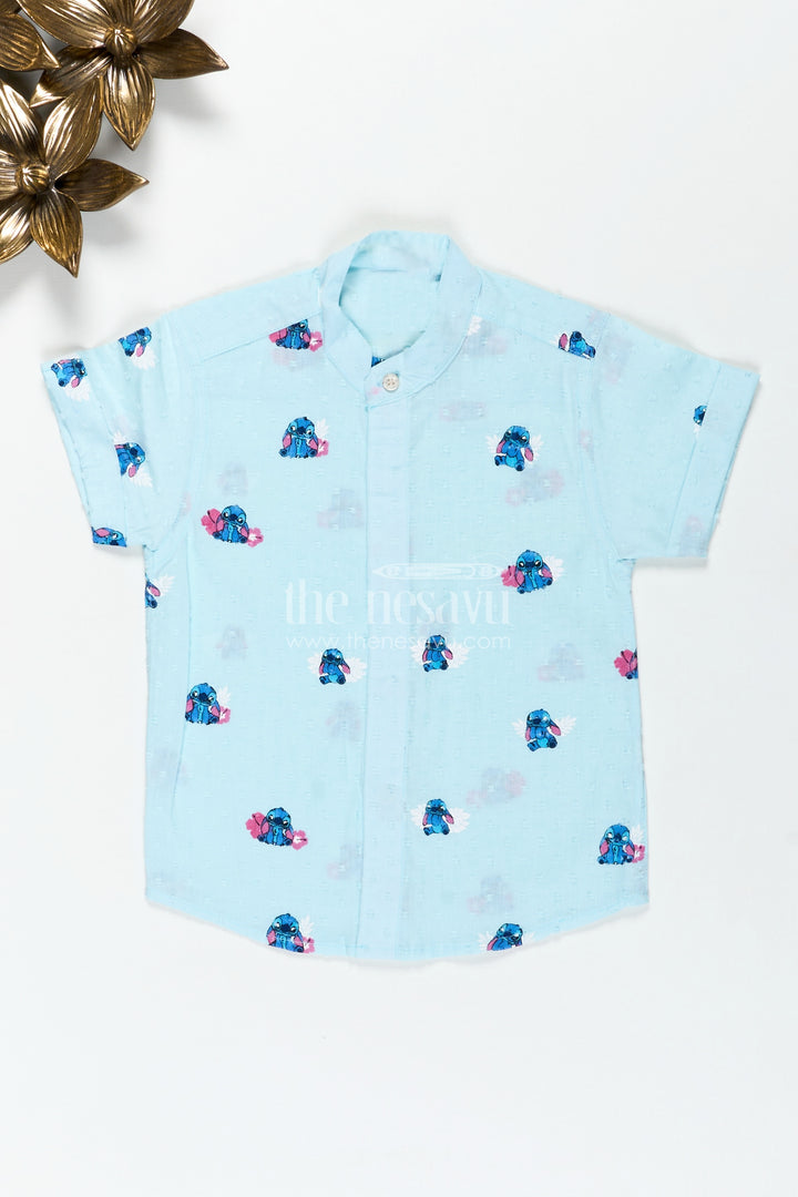 Fun Casual Shirt for Toddlers in Designer Georgette with Digital Cartoon Print on Light Aqua Base