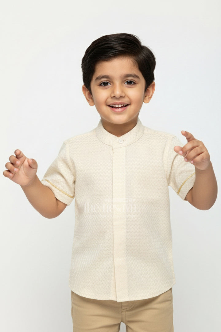 Cotton Festive Shirt for Boys in Gold Silk Blend with Mandarin Collar and Subtle Pattern Detail