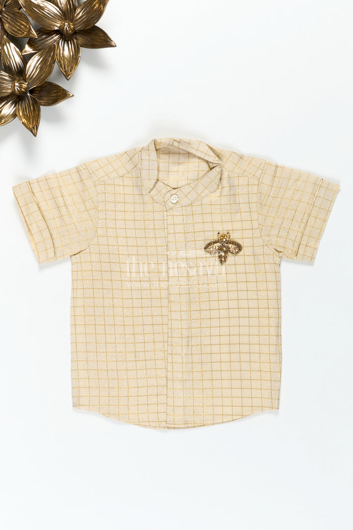 Cream Colour Shirt Boys with Gold Embroidered Bee Motif and Subtle Check Pattern in Silk Blend Fabric