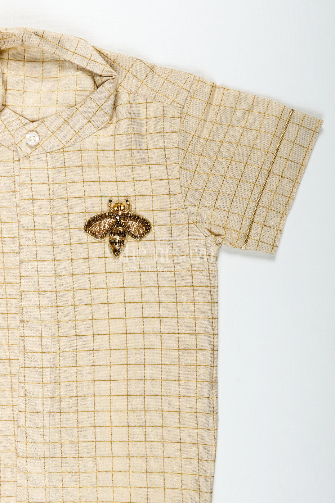 Cream Colour Shirt Boys with Gold Embroidered Bee Motif and Subtle Check Pattern in Silk Blend Fabric