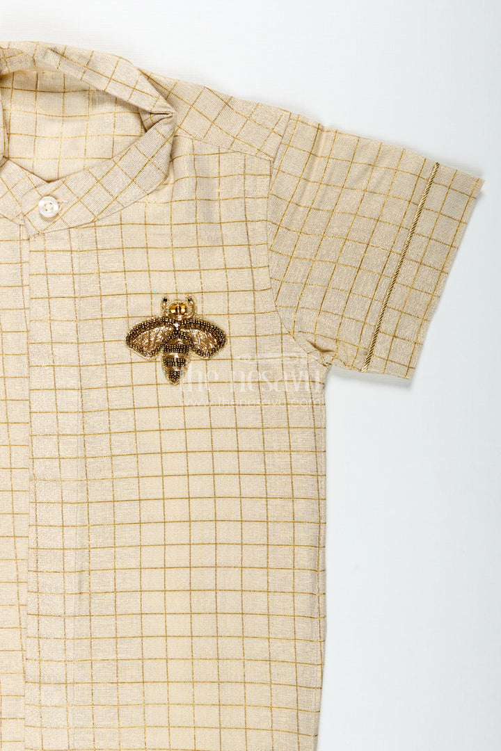 Cream Colour Shirt Boys with Gold Embroidered Bee Motif and Subtle Check Pattern in Silk Blend Fabric