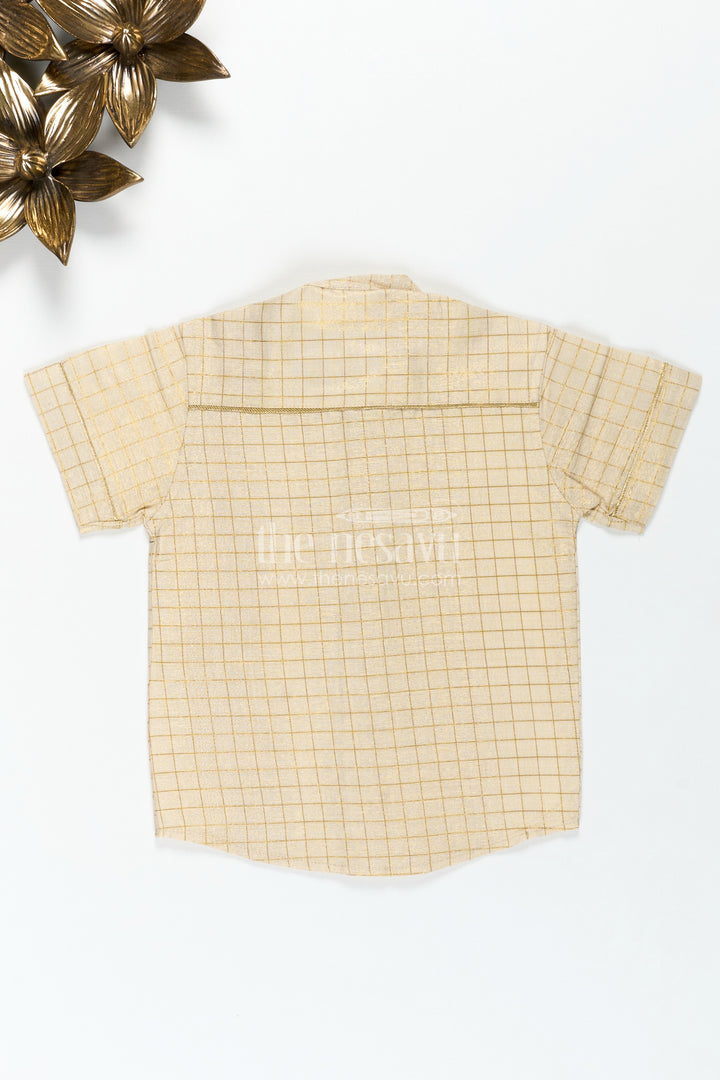 Cream Colour Shirt Boys with Gold Embroidered Bee Motif and Subtle Check Pattern in Silk Blend Fabric
