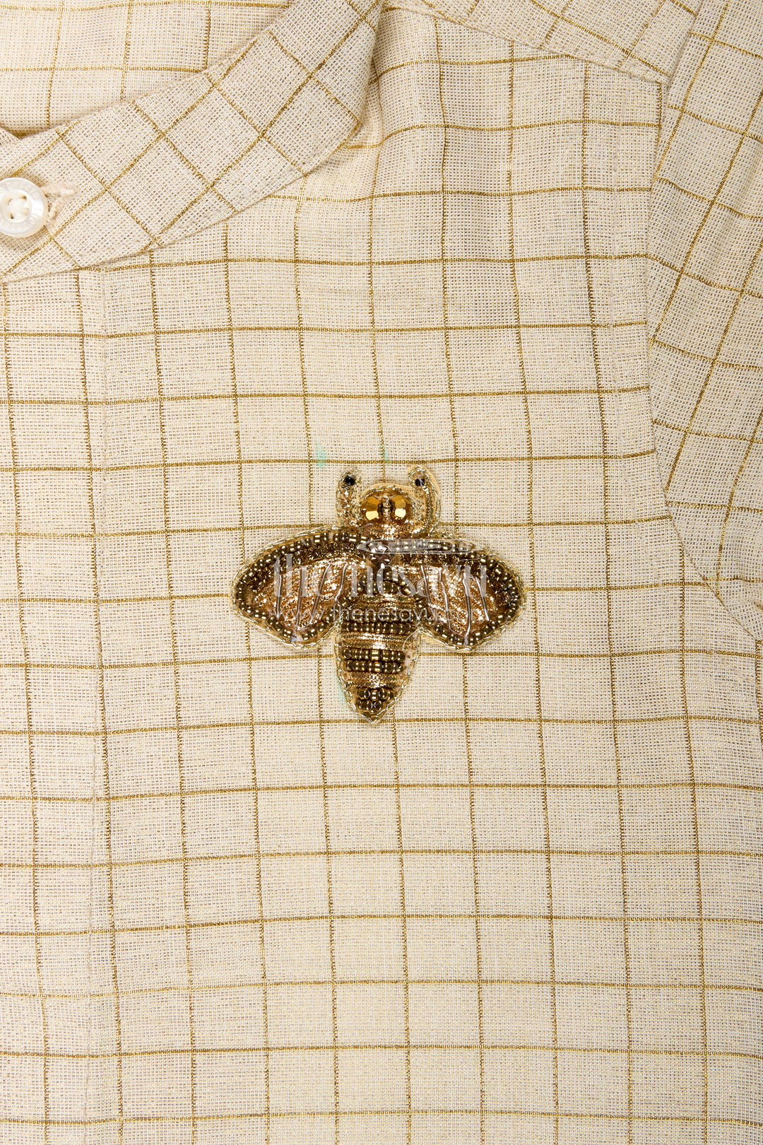 Cream Colour Shirt Boys with Gold Embroidered Bee Motif and Subtle Check Pattern in Silk Blend Fabric