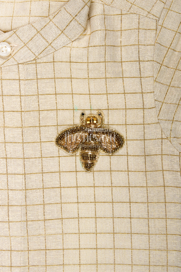 Cream Colour Shirt Boys with Gold Embroidered Bee Motif and Subtle Check Pattern in Silk Blend Fabric