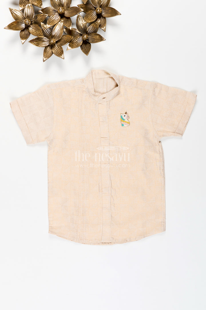 Boys Beige Tissue Kurta Shirt Traditional Wear For Weddings And Poojas