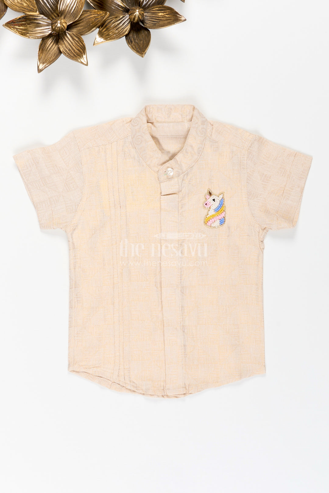 Boys Beige Tissue Kurta Shirt Traditional Wear For Weddings And Poojas