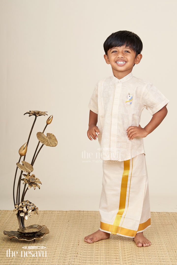 Boys Beige Tissue Kurta Shirt Traditional Wear For Weddings And Poojas