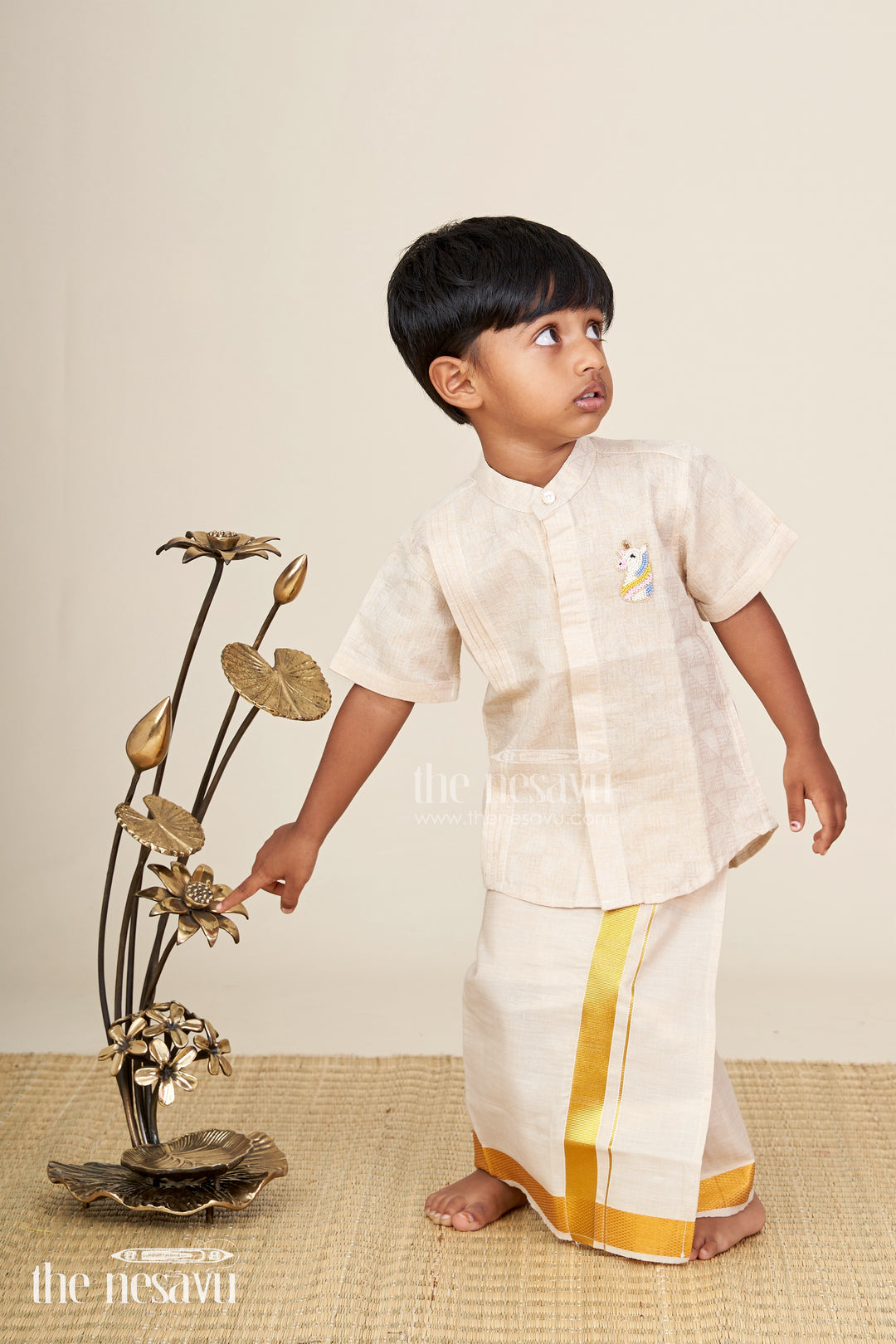 Boys Beige Tissue Kurta Shirt Traditional Wear For Weddings And Poojas