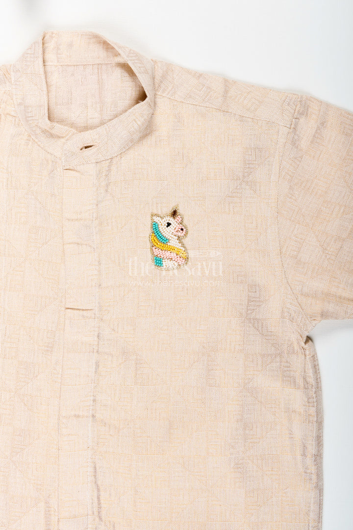 Boys Beige Tissue Kurta Shirt Traditional Wear For Weddings And Poojas