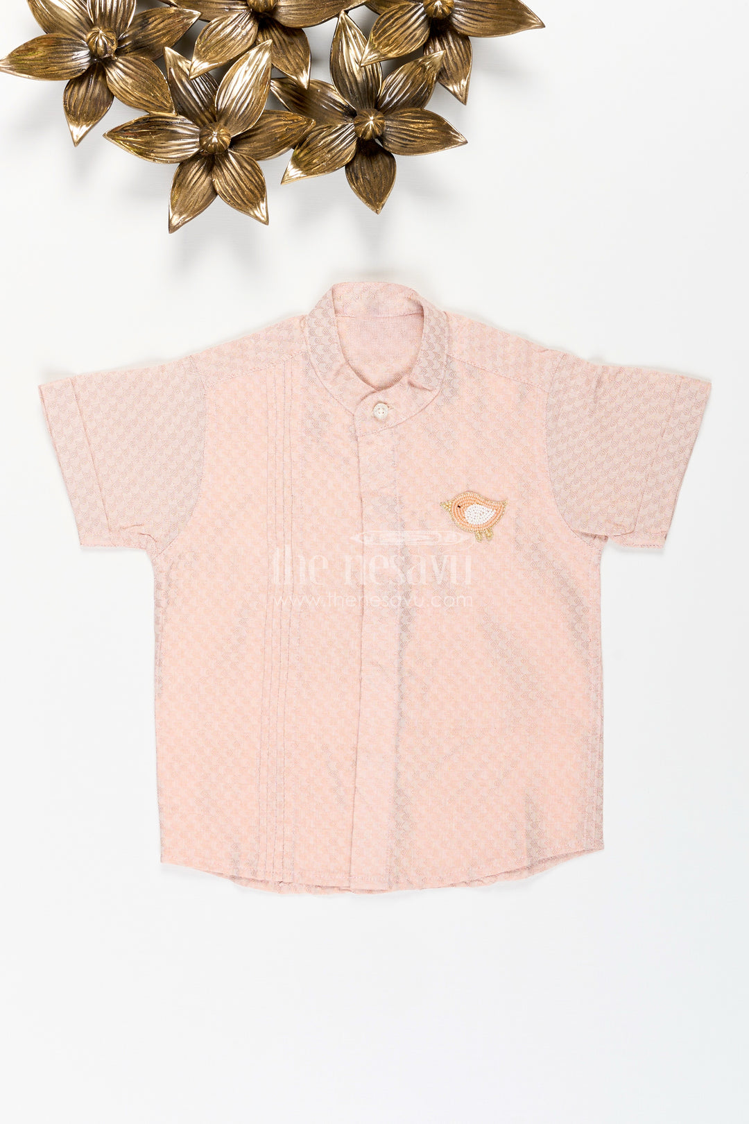 Boys Beige Woven Tissue Kurta Shirt Perfect For Birthdays & Poojas