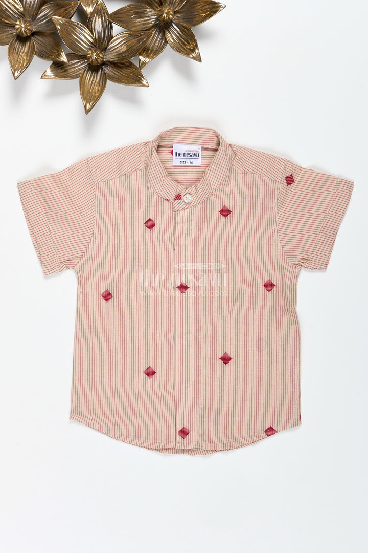 Beige Cotton Striped Shirt For Boys With Mandarin Collar Casual Ethnic Wear
