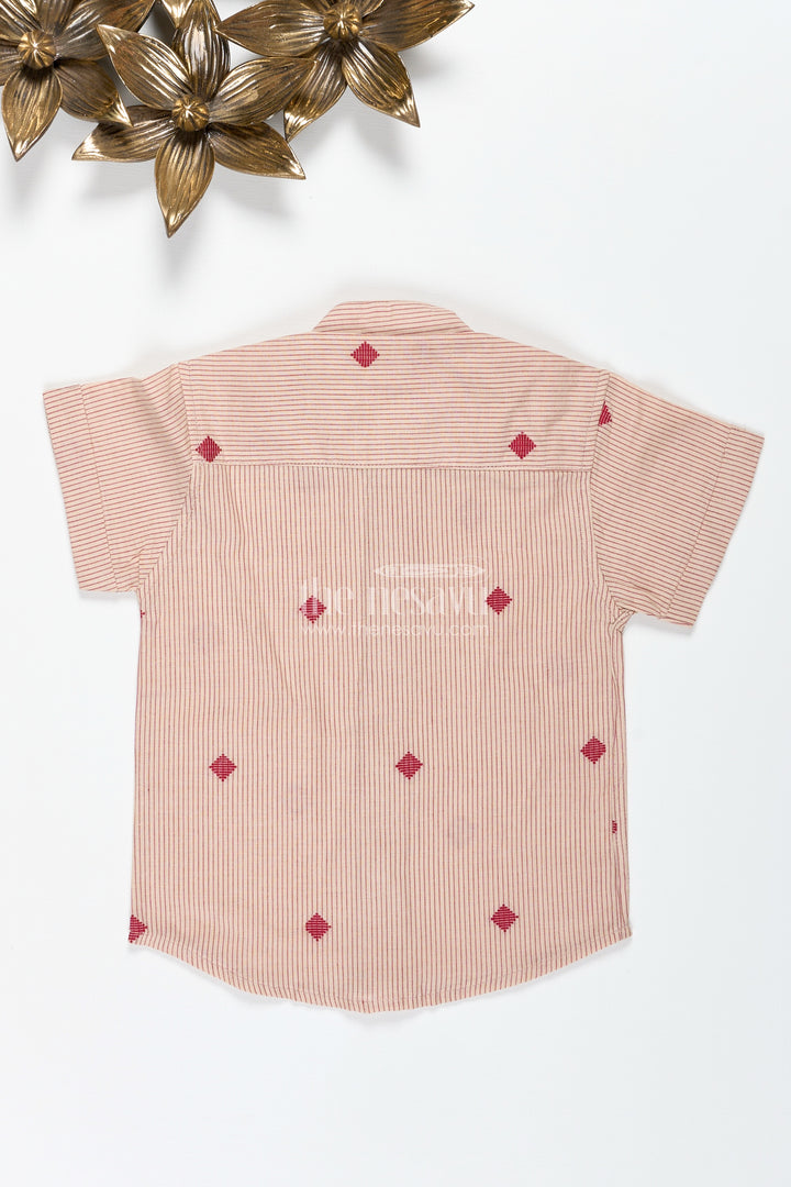 Beige Cotton Striped Shirt For Boys With Mandarin Collar Casual Ethnic Wear
