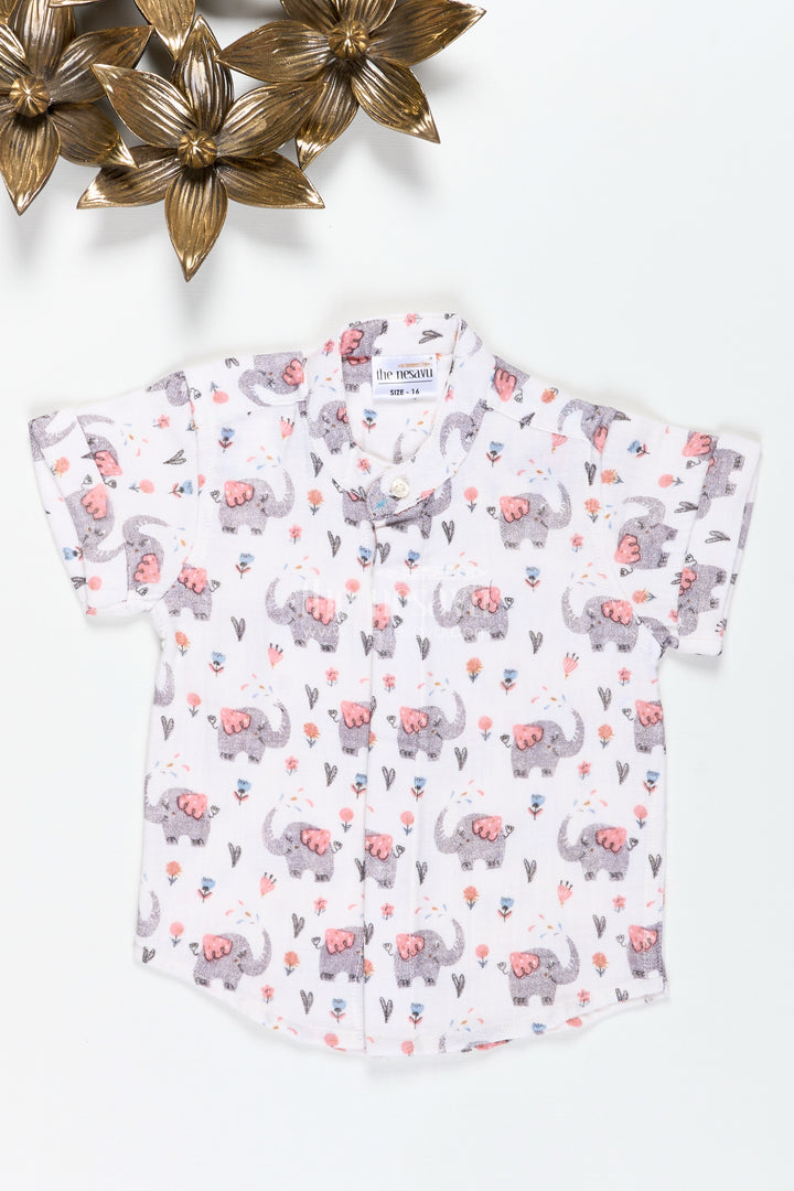 Muslin Cotton Printed Shirt For Boys With Elephant And Floral Design