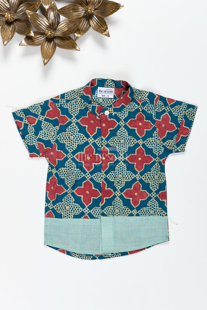 Boys Green Ethnic Print Shirt In Modal Silk For Traditional Outings