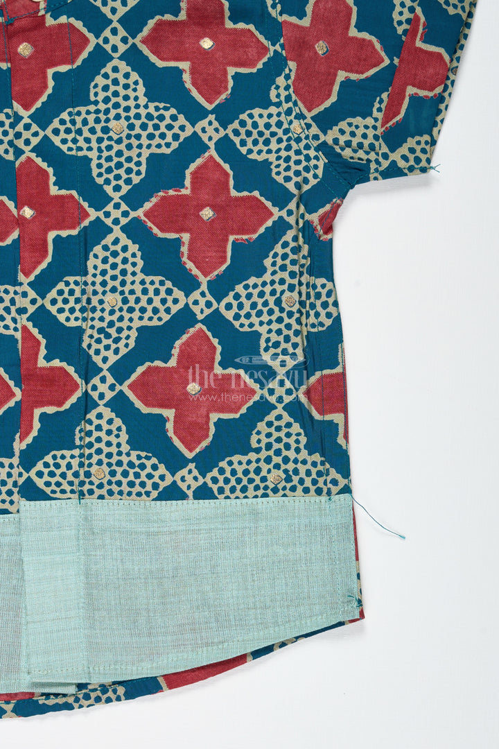 Boys Green Ethnic Print Shirt In Modal Silk For Traditional Outings