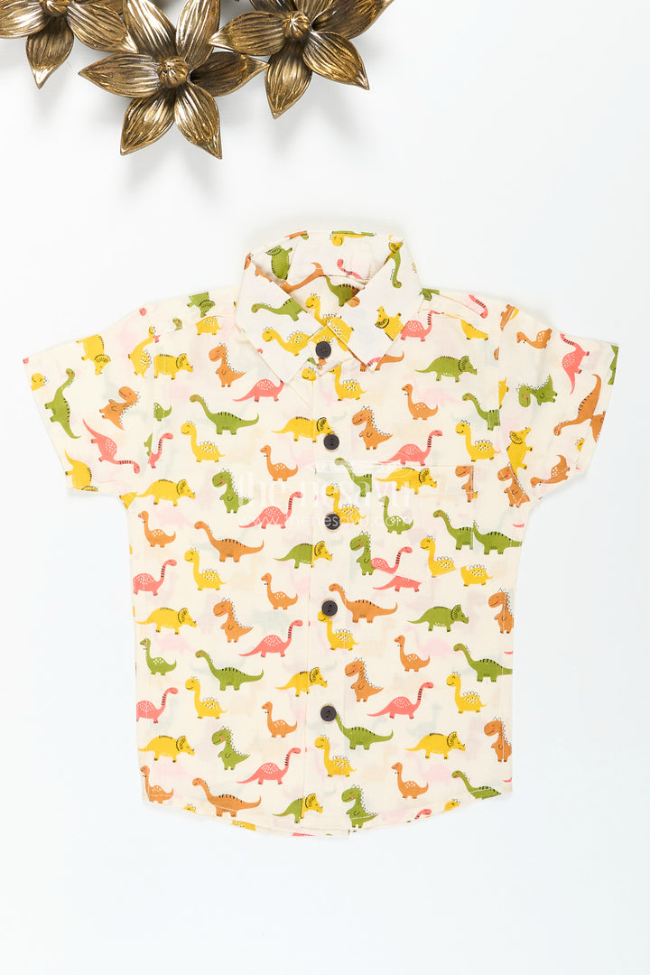 Boys dinosaur print shirt in earthy tones for birthday parties