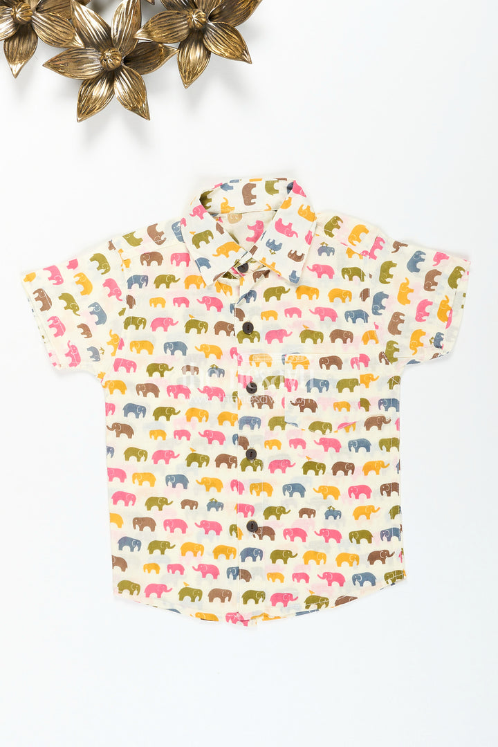 Boys cotton shirt with earthy multicolor elephant print for everyday style