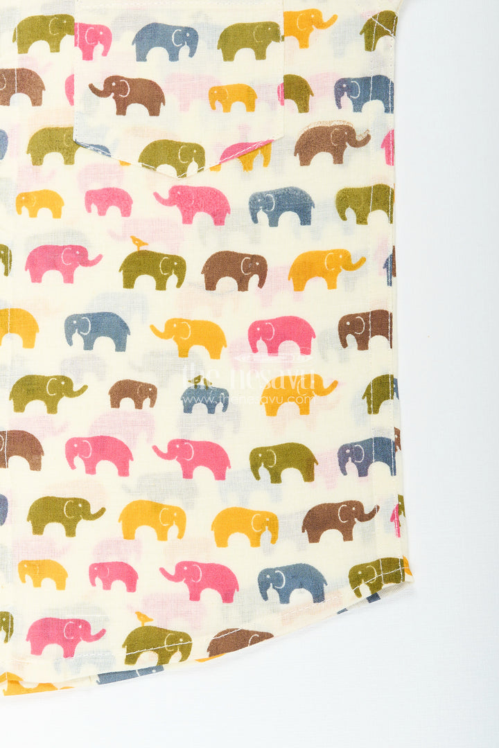 Boys cotton shirt with earthy multicolor elephant print for everyday style