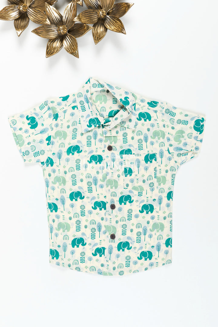 Boys elephant print shirt in teal tones for playful ethnic wear