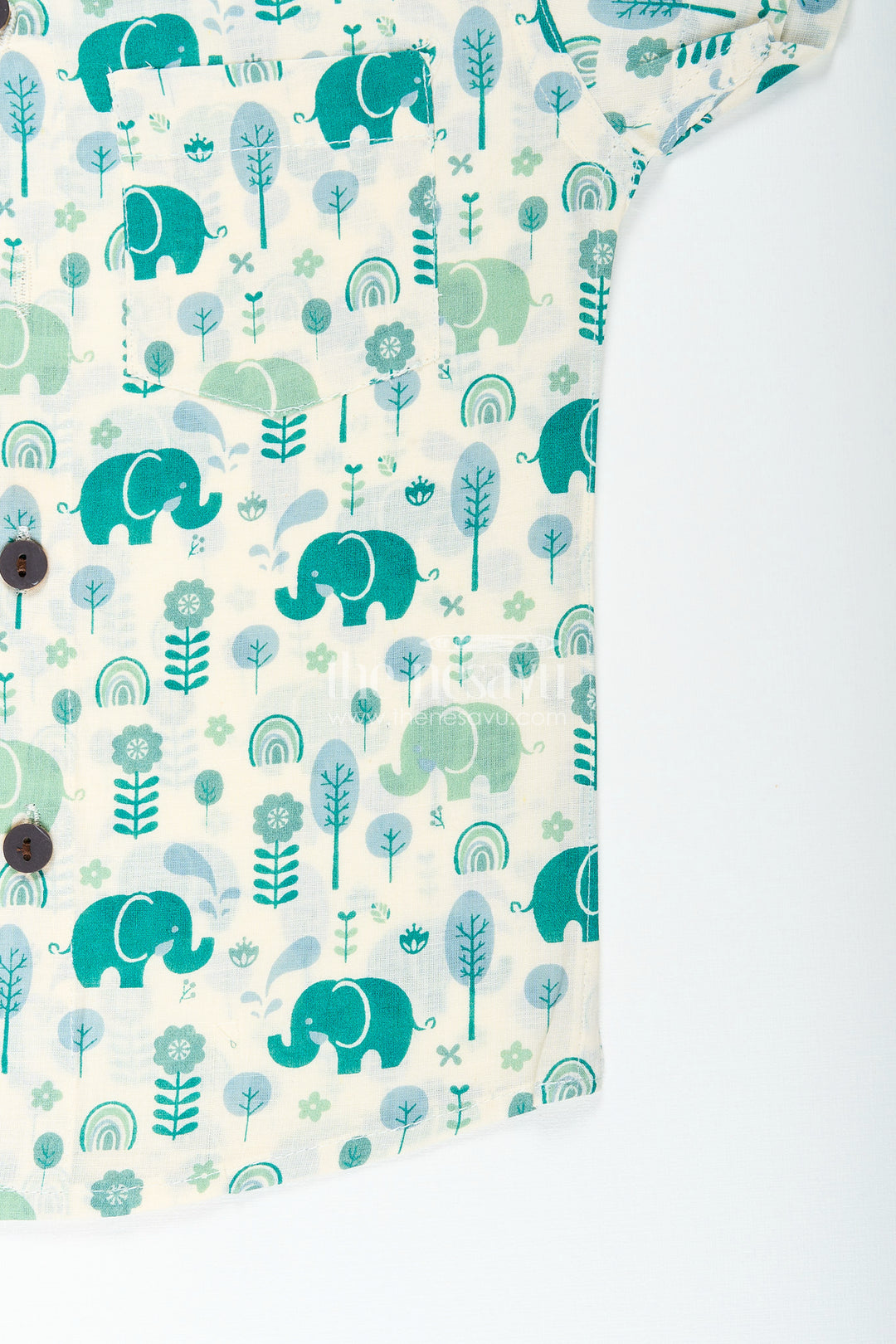 Boys elephant print shirt in teal tones for playful ethnic wear