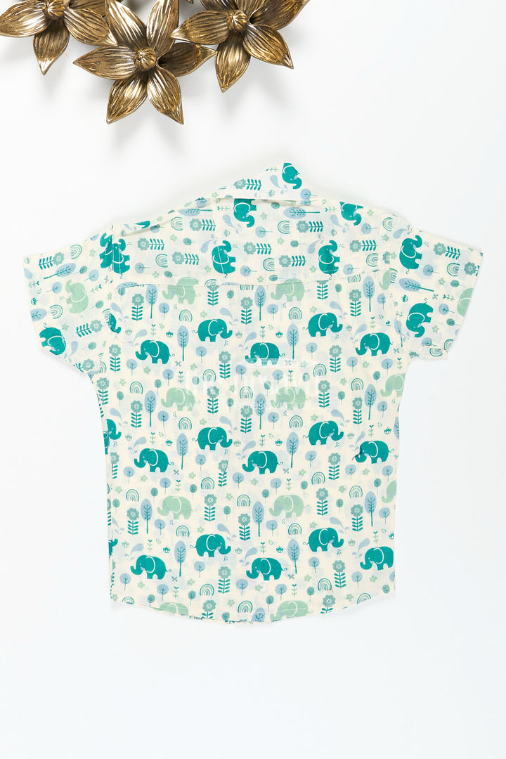 Boys elephant print shirt in teal tones for playful ethnic wear