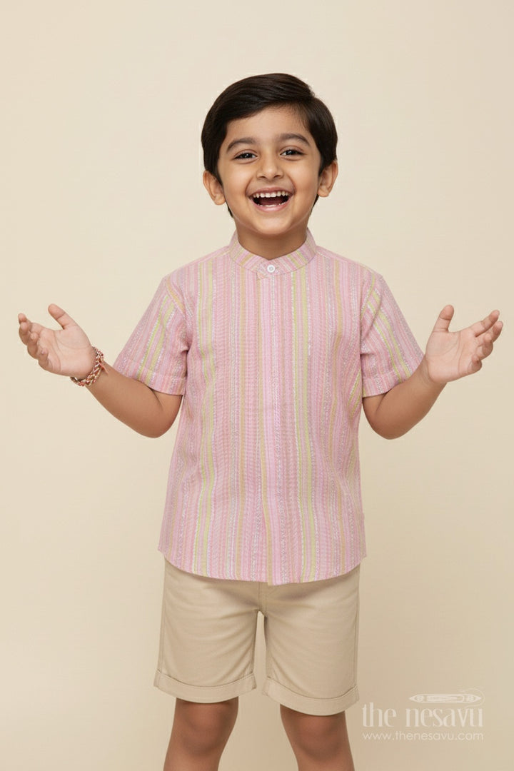 Boys Cotton Shirt with Zari Stripes for Casual Festive Wear