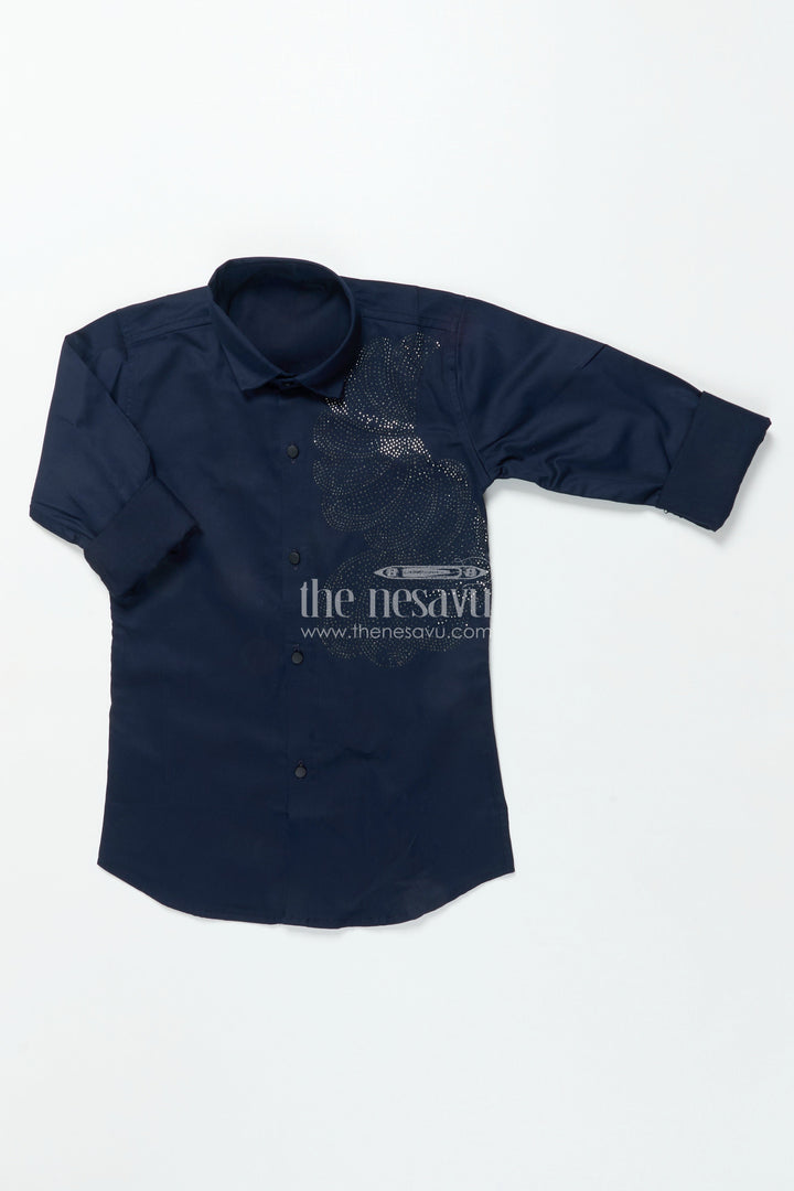 Boys Navy Blue Shirt with Silver Abstract Print Cotton Blend formal Wear