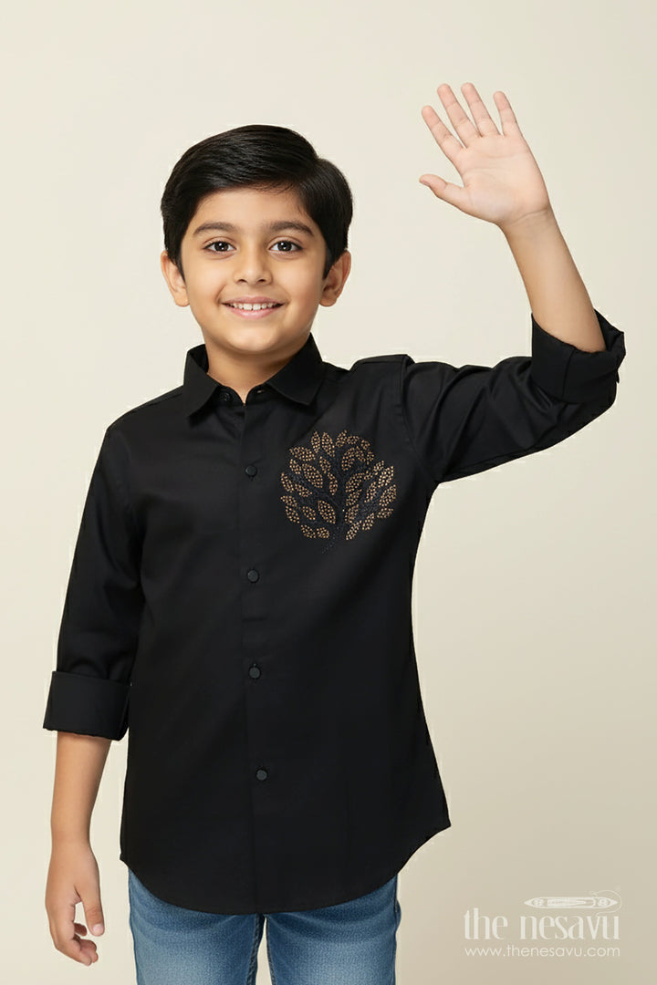 Boys Black Cotton Shirt with Golden Leaf Print Festive Designer Wear
