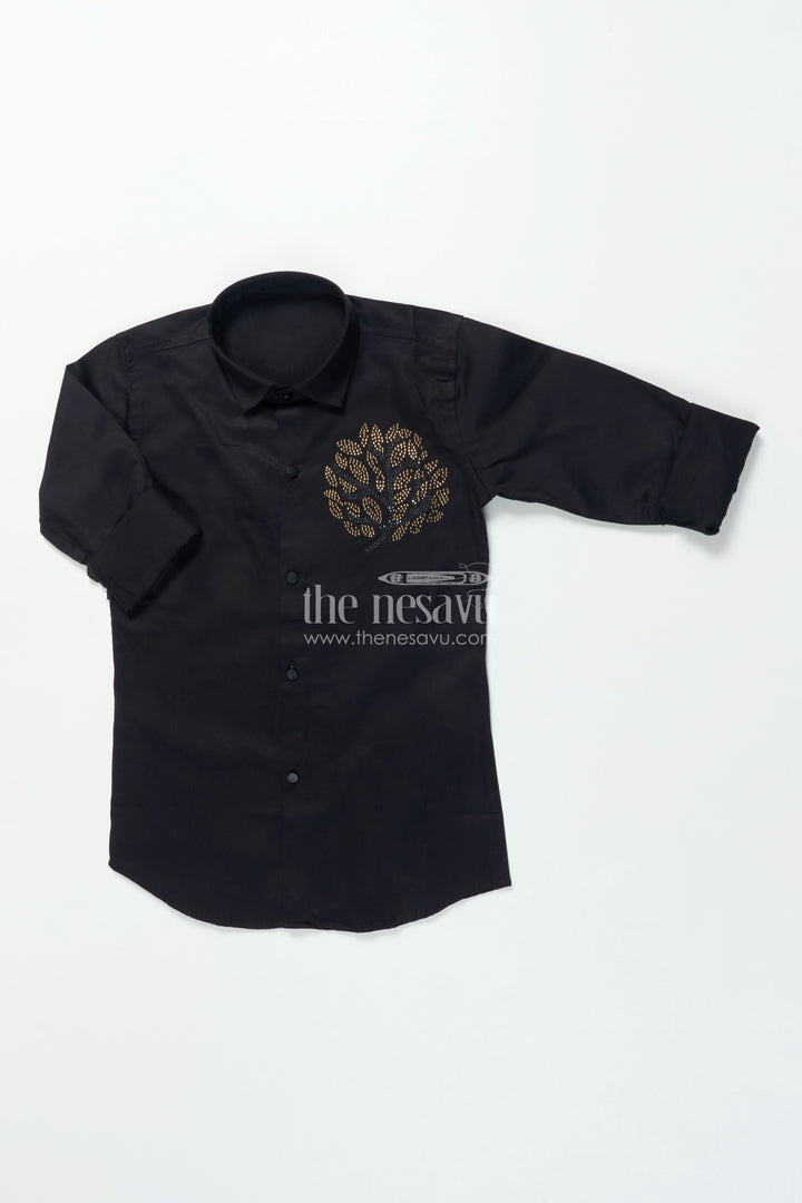 Boys Black Cotton Shirt with Golden Leaf Print Festive Designer Wear
