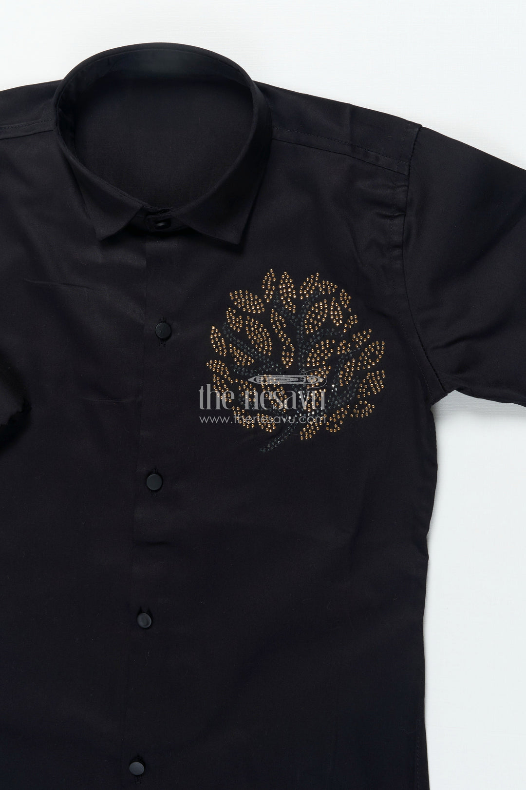 Boys Black Cotton Shirt with Golden Leaf Print Festive Designer Wear