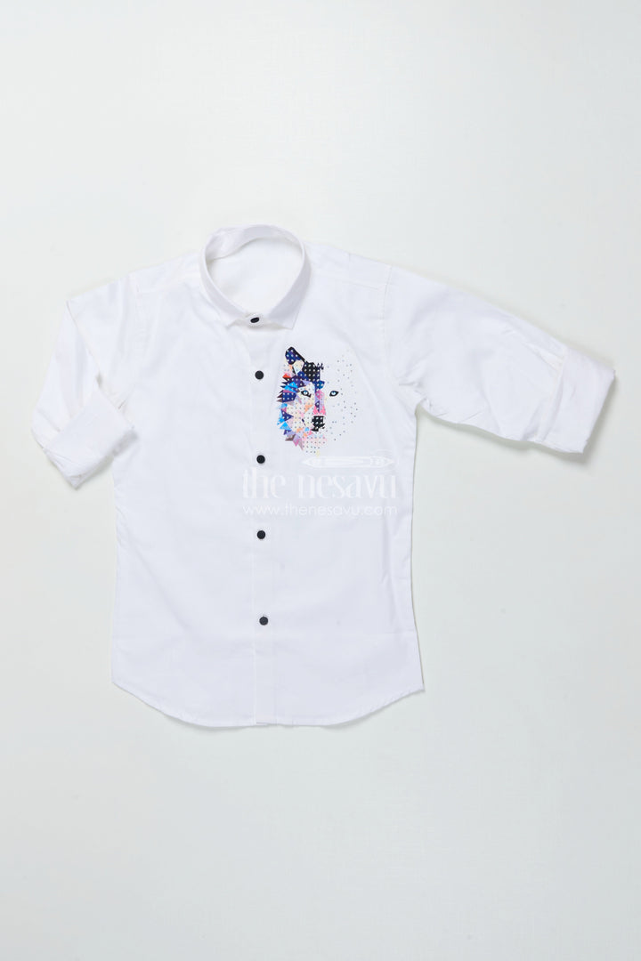 Boys White Cotton Shirt with Multicolor Wolf Face Print Trendy Smart Casual