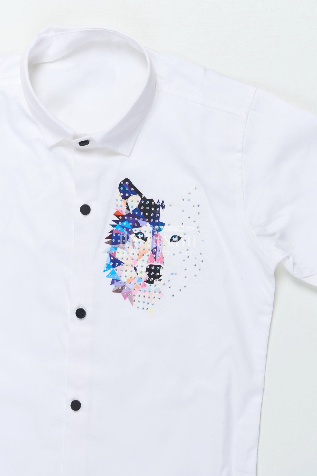Boys White Cotton Shirt with Multicolor Wolf Face Print Trendy Smart Casual