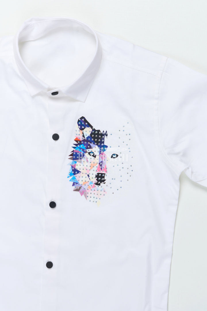 Boys White Cotton Shirt with Multicolor Wolf Face Print Trendy Smart Casual