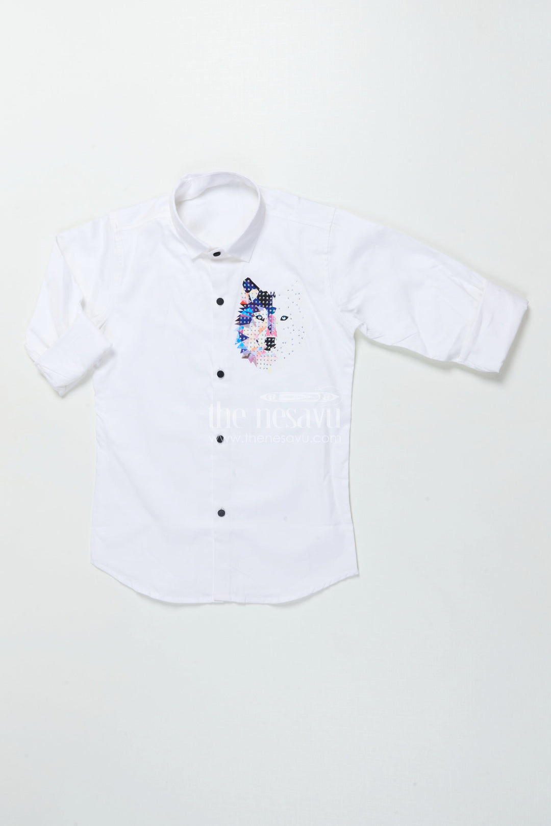 Boys White Cotton Shirt with Multicolor Wolf Face Print Trendy Smart Casual