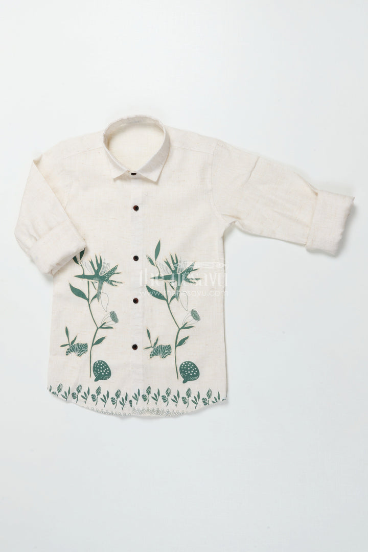 Boys Cotton Shirt with Green Floral Placement Embroidery Casual Ethnic Wear