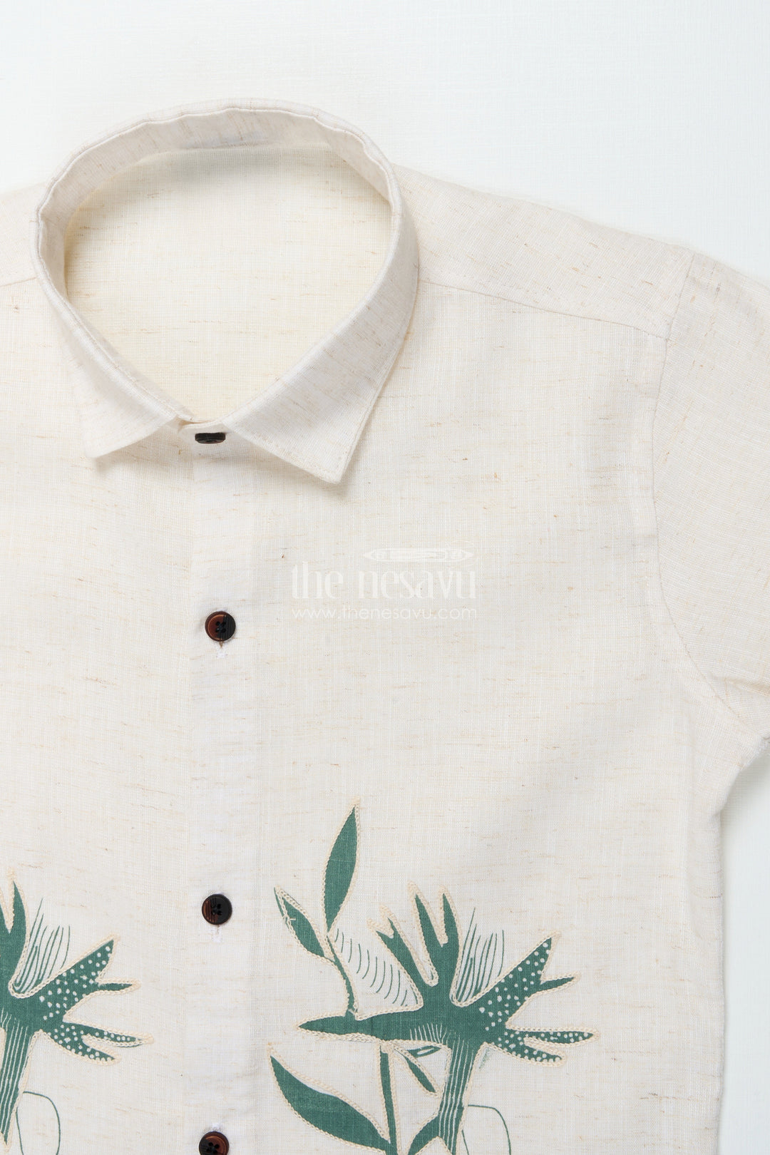 Boys Cotton Shirt with Green Floral Placement Embroidery Casual Ethnic Wear