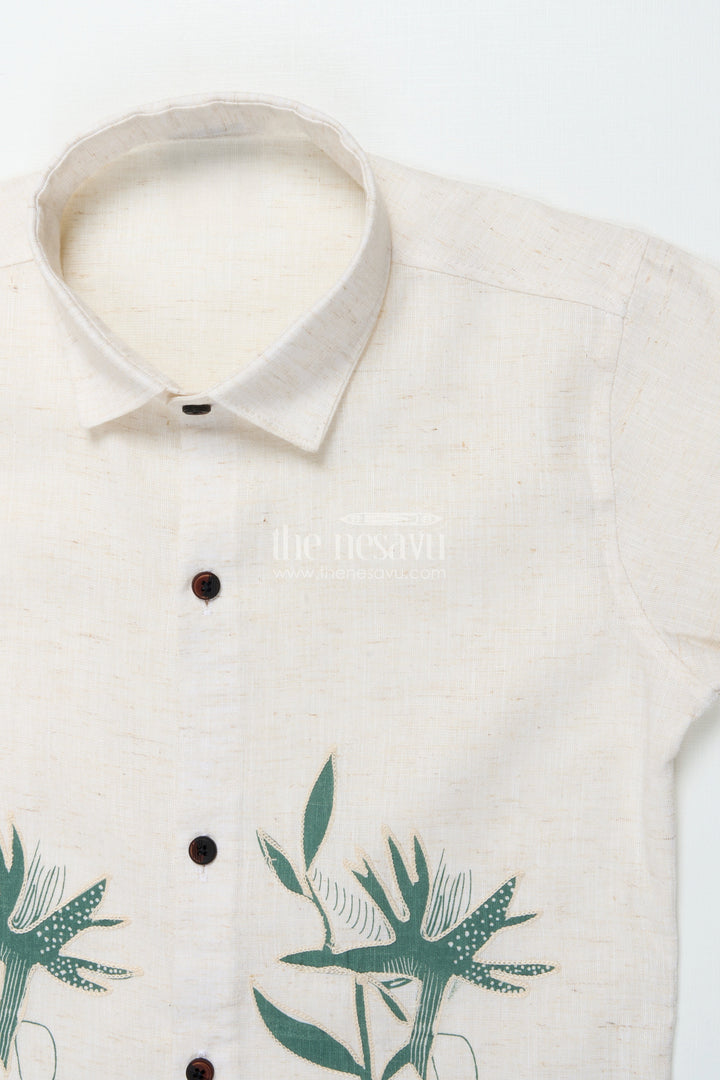 Boys Cotton Shirt with Green Floral Placement Embroidery Casual Ethnic Wear