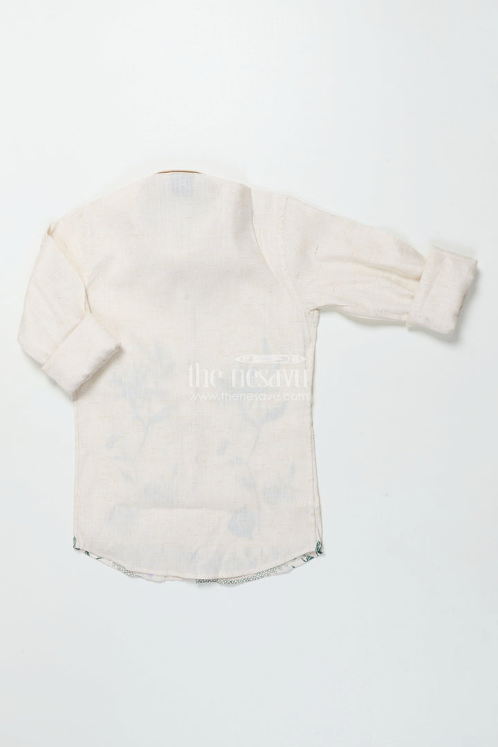 Boys Cotton Shirt with Green Floral Placement Embroidery Casual Ethnic Wear