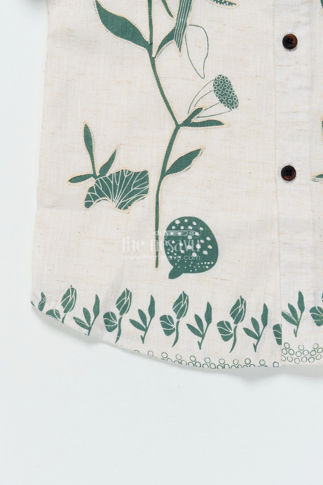 Boys Cotton Shirt with Green Floral Placement Embroidery Casual Ethnic Wear