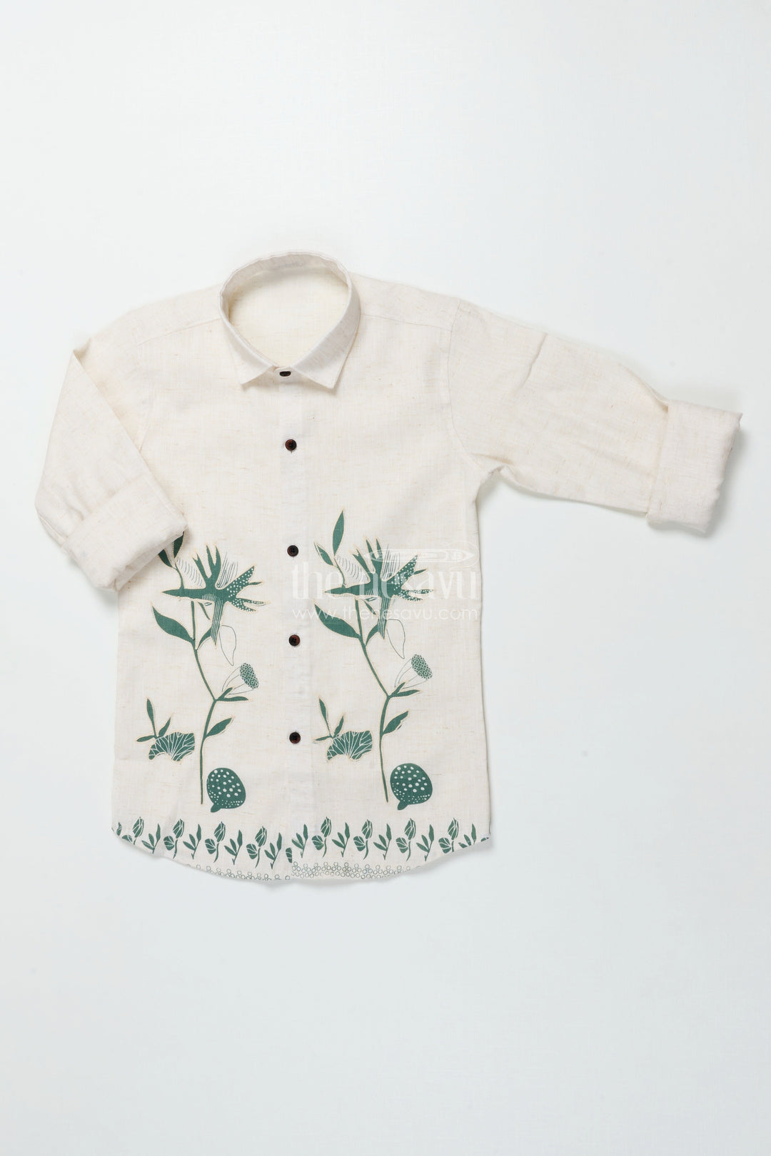 Boys Cotton Shirt with Green Floral Placement Embroidery Casual Ethnic Wear