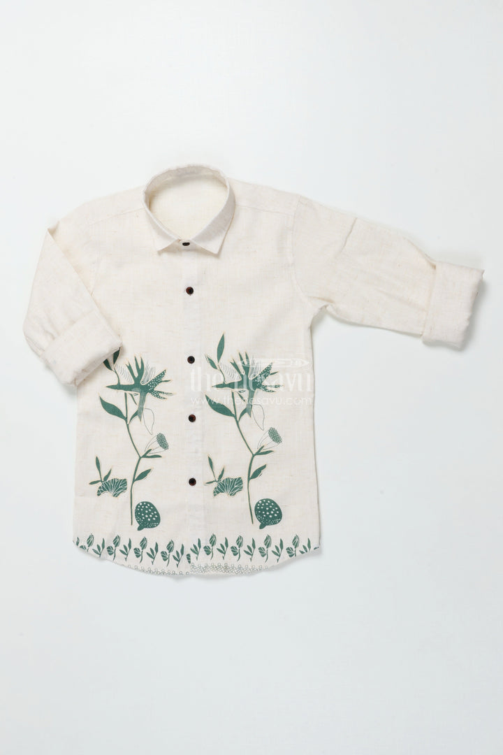Boys Cotton Shirt with Green Floral Placement Embroidery Casual Ethnic Wear