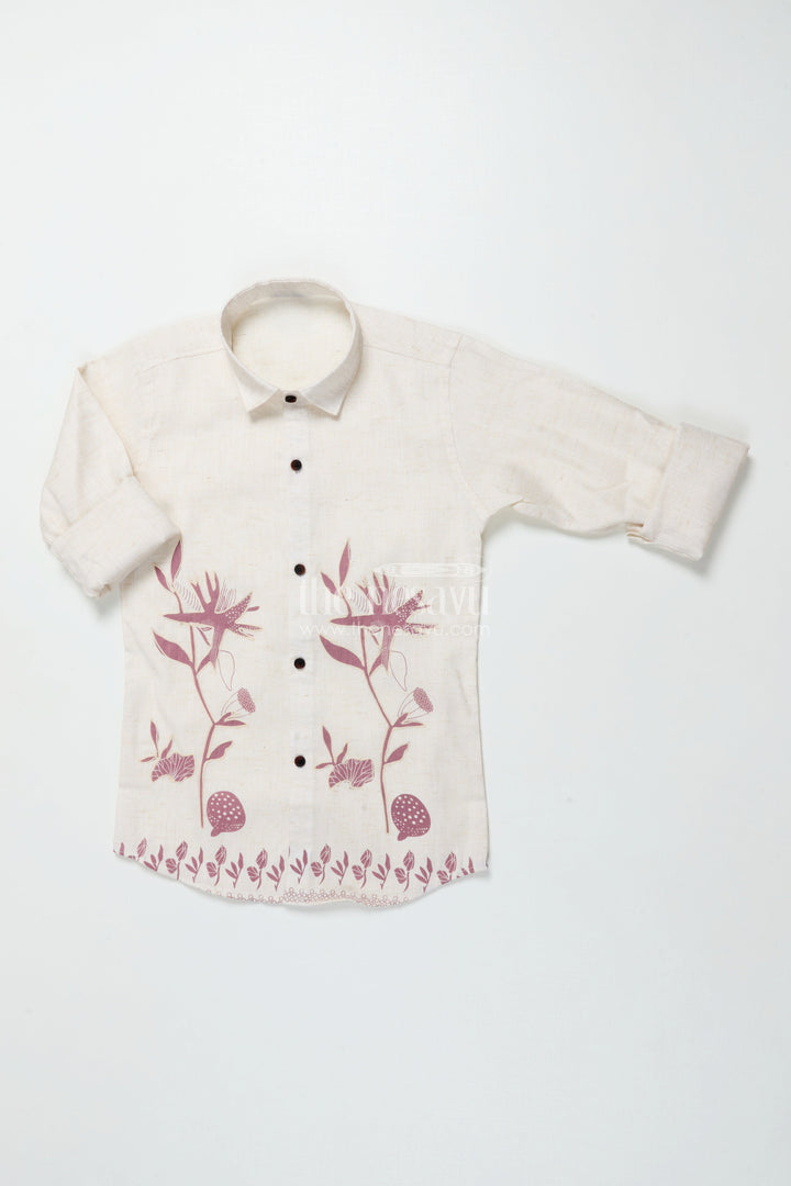 Boys Cream and Brown Floral Embroidered Shirt Festive Ethnic Cotton Blend