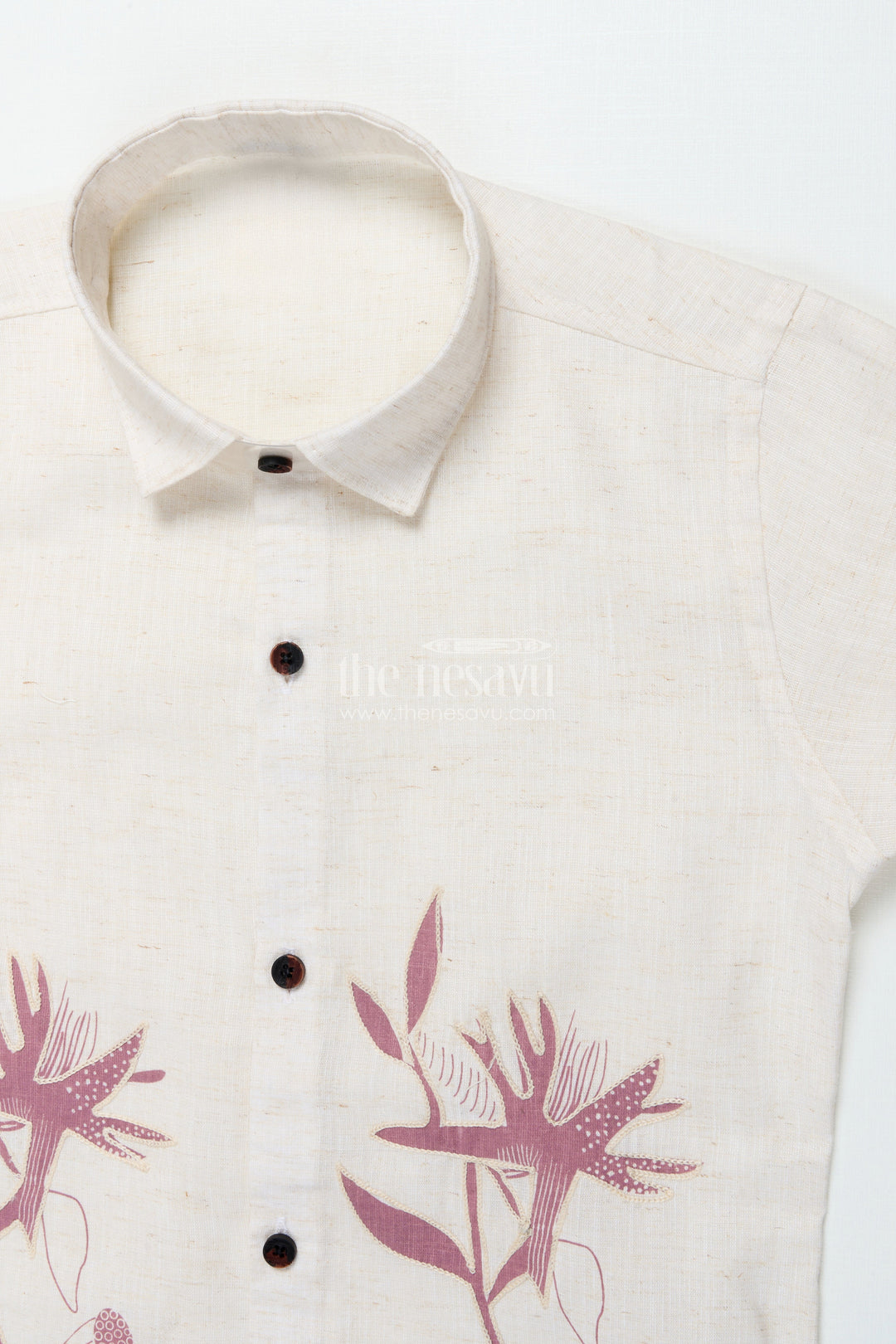 Boys Cream and Brown Floral Embroidered Shirt Festive Ethnic Cotton Blend