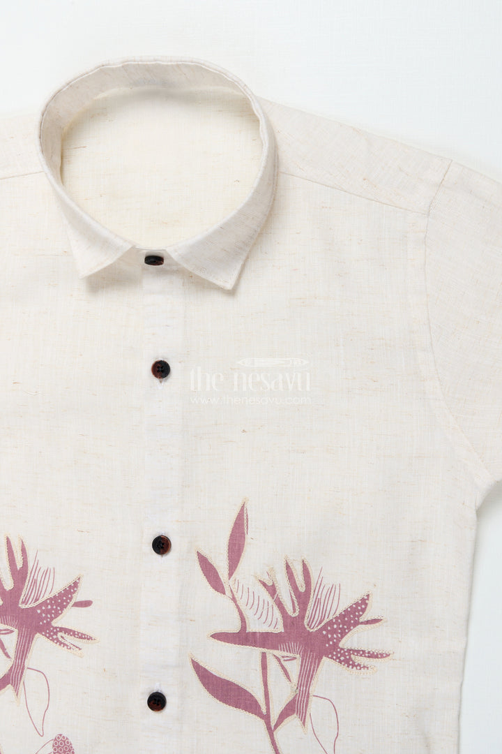 Boys Cream and Brown Floral Embroidered Shirt Festive Ethnic Cotton Blend