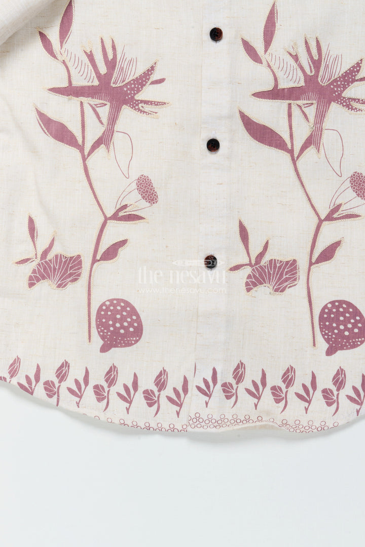 Boys Cream and Brown Floral Embroidered Shirt Festive Ethnic Cotton Blend